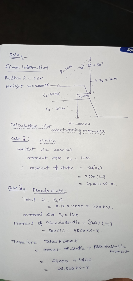 Reyr- solya D 50 Given information 3ol] R=20m Radius Razom Xy = 16m Weight W=2000kN. (6=40kpa X6=12m Cu = 70kpa W= 2000 KN Ca
