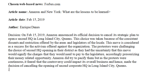 Chosen web-based news: Forbes.com Article name: Amazon and New York: What are the lessons to be learned> Article date: Feb 15