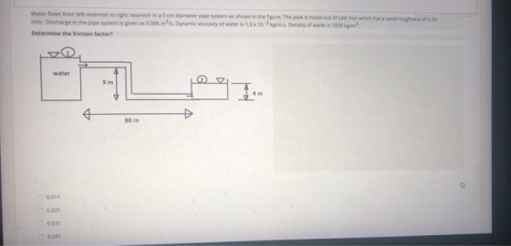 Water flows from left reservoir to right reservoir in a 5 cm diameter pipe system as shown in the figure. The pipe is made ou