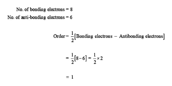 No. of bonding electrons = 8 No. of anti-bonding electrons = 6 Order=[Bonding electrons – Antibonding electrons] = 1