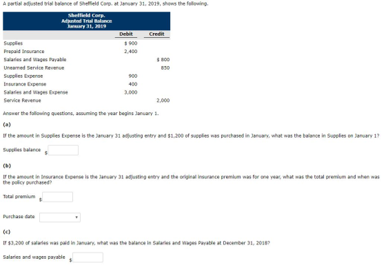 A partial adjusted trial balance of Sheffield Corp. at January 31, 2019, shows the following. Sheffield Corp. Adjusted Trial