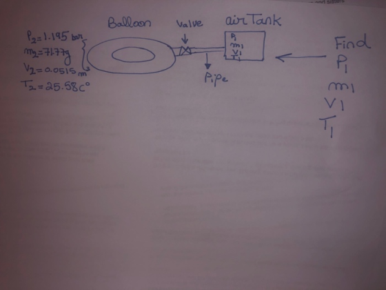Balloon Valve air Tank Find mm P2=1.195 bar my=71.779 V2=0.0515 m T2=25.58c° Pipe mi Vi
