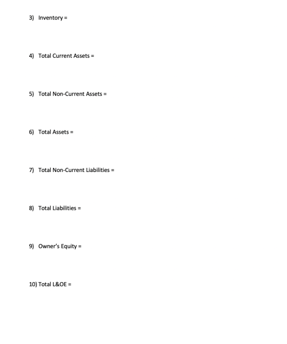 3) Inventory = 4) Total Current Assets = 5) Total Non-Current Assets = 6) Total Assets = 7) Total Non-Current Liabilities = 8