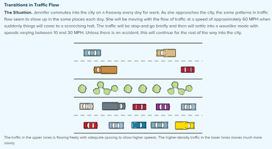 Transitions in Traffic Flow The Situation. Jennifer commutes into the city on ล freewลy every day for work. As she approaches the city, the same patterns in traffic flow seem to show up in the same places each day. She will be moving with the flow of traffic at a speed of approximately 60 MPH when suddenly things will come to a screeching halt. The traffic will be stop-and-go briefly and then will settle into a wavelike mode with speeds varying between 10 and 30 MPH. Unless there is an accident, this will continue for the rest of the way into the city The traffic in the upper lanes is flowing freely with adequate spacing to allow higher speeds. The higher-density traffic in the lower lanes moves much more slowly