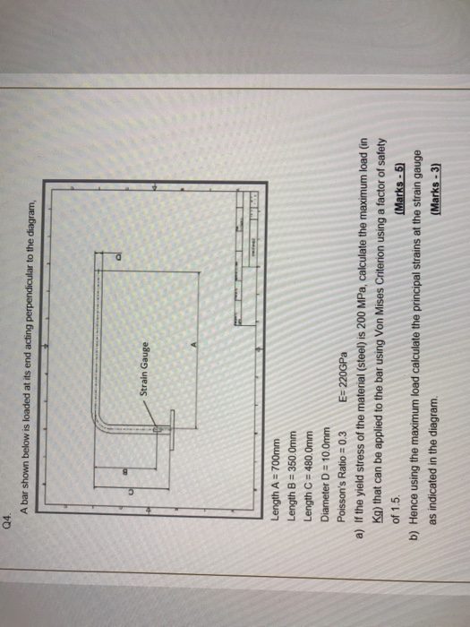 Q4. A bar shown below is loaded at its end acting perpendicular to the diagram, Strain Gauge Length A = 700mm Length B = 350.