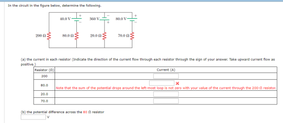 In the circuit in the figure below, determine the following 40.0 V 200 Ω 80.0 Ω 20.0 Ω 70.0 Ω (a) the current in each resistor (Indicate the direction of the current flow through each resistor through the sign of your answer. Take upward current flow as positive.) Resistor (N) Current (A) 200 80.0 Note that the sum of the potential drops around the left-most loop is not zero with your value of the current through the 200-2 resistor. 20.0 70.0 (b) the potential difference across the 80 Ω resistor