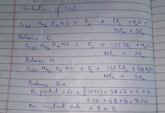 Combustion of coal. 2 CO + H₂O + N + so 435 Hag Og NS + Balance c. 135 Hg. OqNS + 135 co NO + + Hot 50, Balance H C135 Hq Og