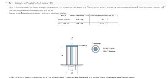 Part C - Calculate the load P required for a length change of 0.01 in A 6061-T6 aluminum tube is used as a sleeve for a steel