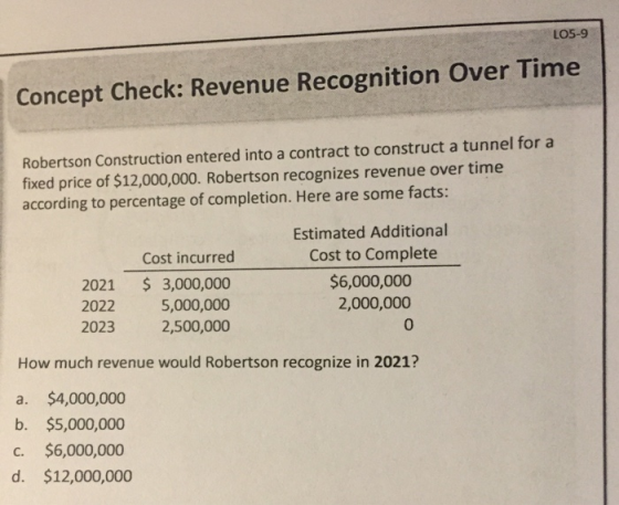 LO5-9 Concept Check: Revenue Recognition Over Time Robertson Construction entered into a contract to construct a tunnel for a