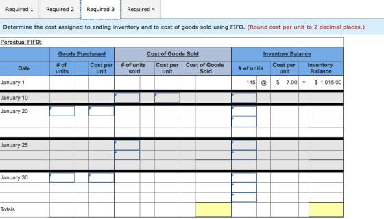 Required 1 Required 2 Required 3 Required 4 Determine the cost assigned to ending inventory and to cost of goods sold using F