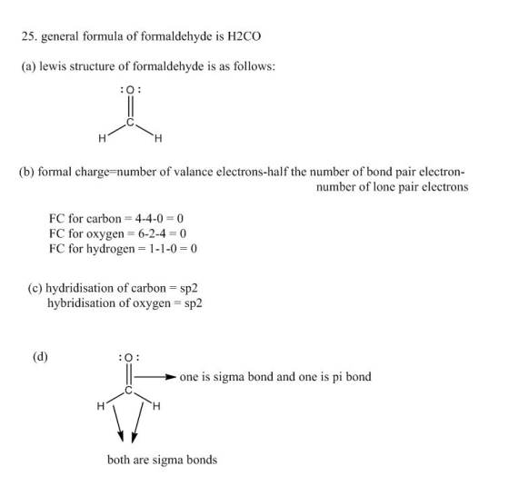25. general formula of formaldehyde is H2CO (a) lewis structure of formaldehyde is as follows: (b) formal charge-number of va