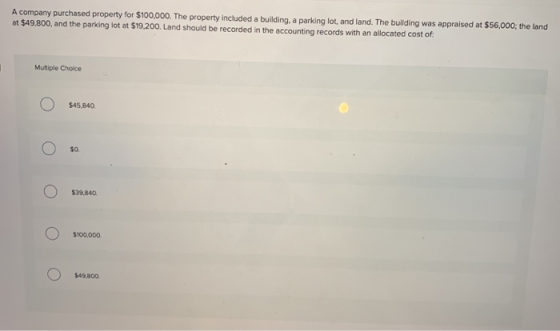 A company purchased property for $100,000. The property included a building a parking lot, and land. The building was apprais