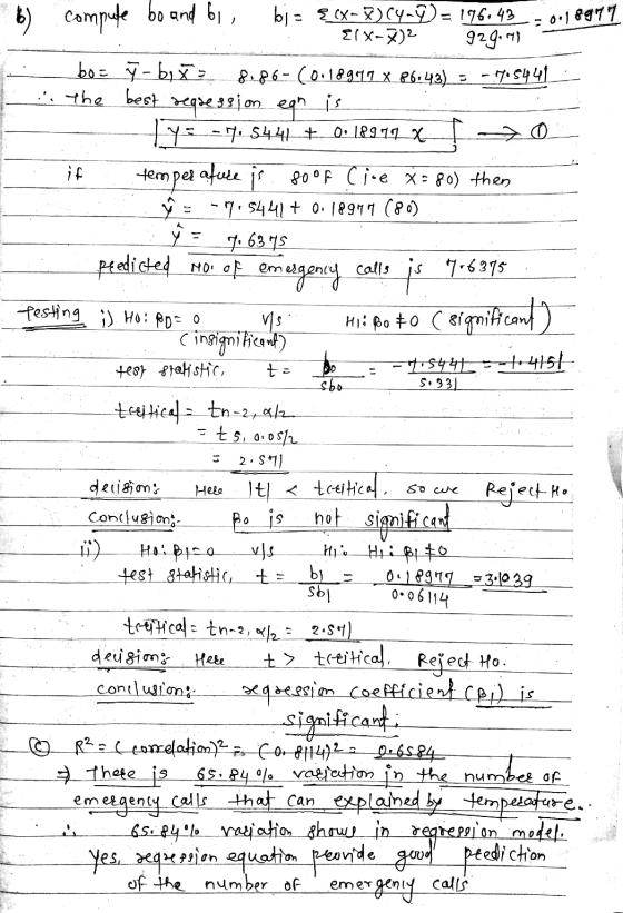 b) = 0.18977 5:33 compute bo and bi, bj = {(x-7)(49)= 196.43 Elx-72 92girl bo= i - bix= 8.86-(0.18977 X 86.43) = -7.5441 . Th