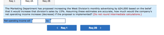 Reg 1 Req 2A Req 2B The Marketing Department has proposed increasing the West Divisions monthly advertising by $24,000 based