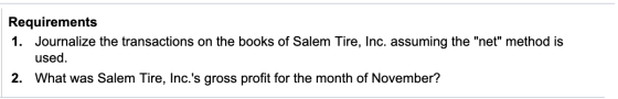 Requirements 1. Journalize the transactions on the books of Salem Tire, Inc. assuming the net method is used. 2. What was S