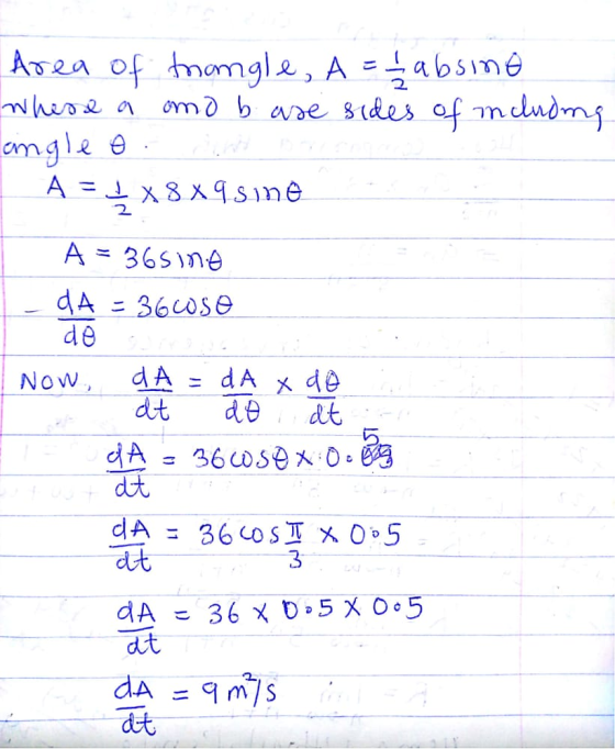 omo b Area of thongle, A = 1 absine whers a are sides of including omgleo A = 1x8x9sine A = 365ine da = 3600se de NOW dA = dA