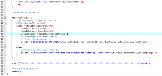 fscanf(inFile, %d,%d,&wellSiteNumbers[i],&holedepths[i]); i++; ܝܟ /* Compute and output/ 33 34 35 36 37 38 39 40 41 42 43 4