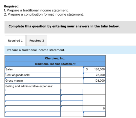 Required: 1. Prepare a traditional income statement. 2. Prepare a contribution format income statement. Complete this question by entering your answers in the tabs below. Required 1Required 2 Prepare a traditional income statement Cherokee, Inc. Traditional Income Statement Sales Cost of goods sold Gross margin Selling and administrative expenses: $180,000 72,000 108,000 0