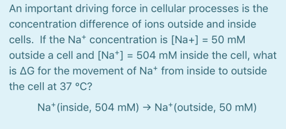 An important driving force in cellular processes is the concentration difference of ions outside and inside cells. If the Nat