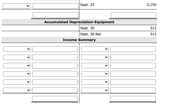 Sept. 25 2,150 313 Accumulated Depreciation-Equipment Sept. 30 Sept. 30 Bal. Income Summary 313