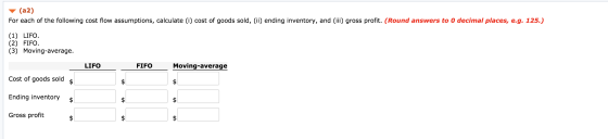 (a2) For each of the following cost flow assumptions, calculate (i) cost of goods sold, (ii) ending inventory, and (iii) gros