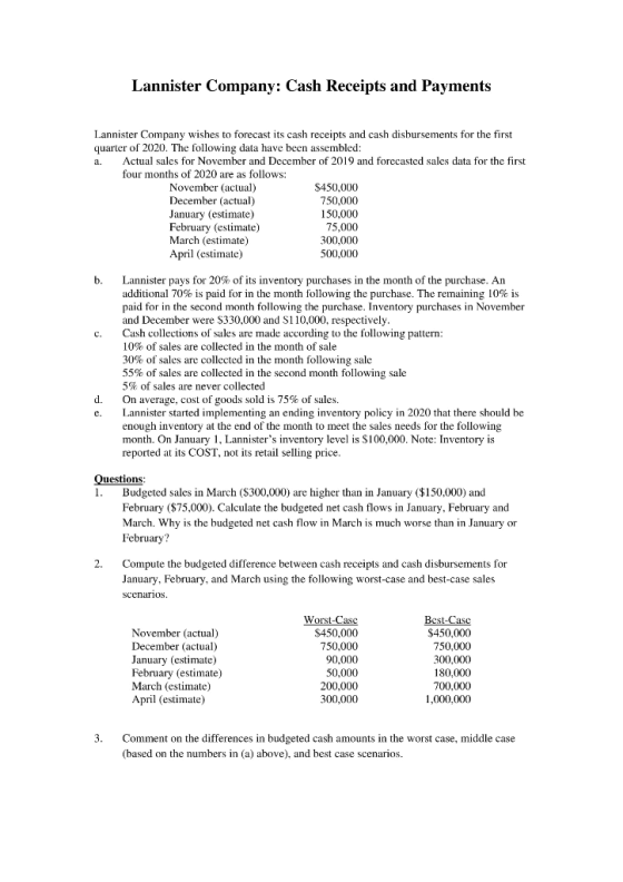 Lannister Company: Cash Receipts and Payments Lannister Company wishes to forecast its cash receipts and cash disbursements f