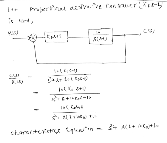 Let proportional derivative controller (KD8+) is used, R(S) C(S) Kost1 8(6+1) CIS) - lo(kosti) $+8+ 10 ( Kohtu R(S) 10( Ko 8+