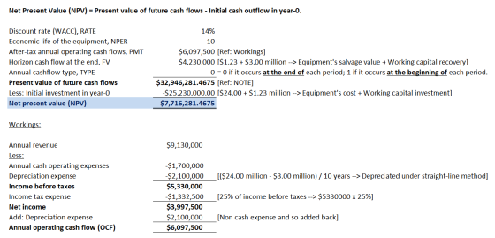 Net Present Value (NPV) = Present value of future cash flows - Initial cash outflow in year-o. Discount rate (WACC), RATE Eco