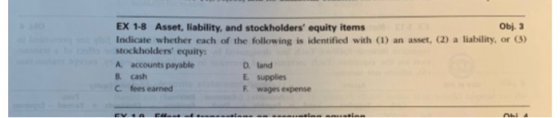 Obj. 3 EX 1-8 Asset, liability, and stockholders equity items Indicate whether each of the following is identified with (1) an asset, (2) a liability, or。) stockholders equity A. accounts payable B. cash D. land E supplies F wages expense fees earned