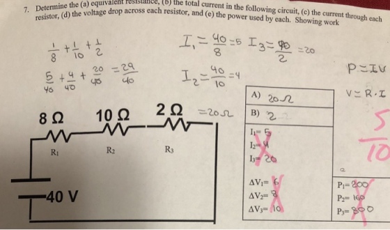 91914108, 16) the total current (a) equivalent resistaice, (b) total in the following circuit, (c) the current through each e drop across each resistor, and (e) the power used by each. Showing work resistor resistor, (d) the voltage drop 2. 2o R0 4o 96 40 12 13 20 I0 Ri R2 R3 Pi- P2= 1 -40