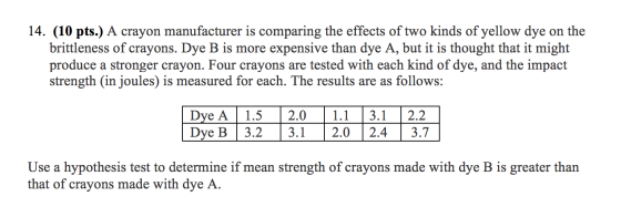 14. (10 pts.) A crayon manufacturer is comparing the effects of two kinds of yellow dye on the brittleness of crayons. Dye B