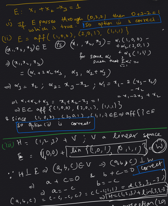 cij Il so option co E:*, +%23=1 If E passes through (0,3,2) then 0+3~2 al which is true. is correct (11) E= aff( (1,0,0), (2,