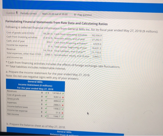 Question 1 Partially correct Mark 20.00 out of 39.00 P Flag question Formulating Financial Statements from Raw Data and Calcu
