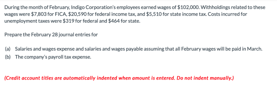 During the month of February, Indigo Corporations employees earned wages of $102,000. Withholdings related to these wages we