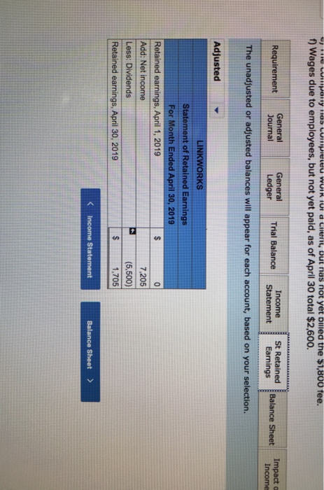 i wiony ID LUMPU WUIK UI d Cilent, but has not yet billed the $1,800 fee. f) Wages due to employees, but not yet paid, as of