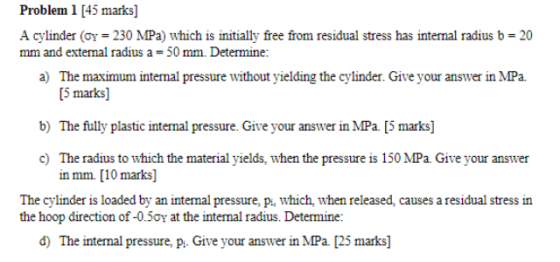 Problem 1 [45 marks] A cylinder (= 230 MPa) which is initially free from residual stress has internal radius 0 = 20 mm and ex