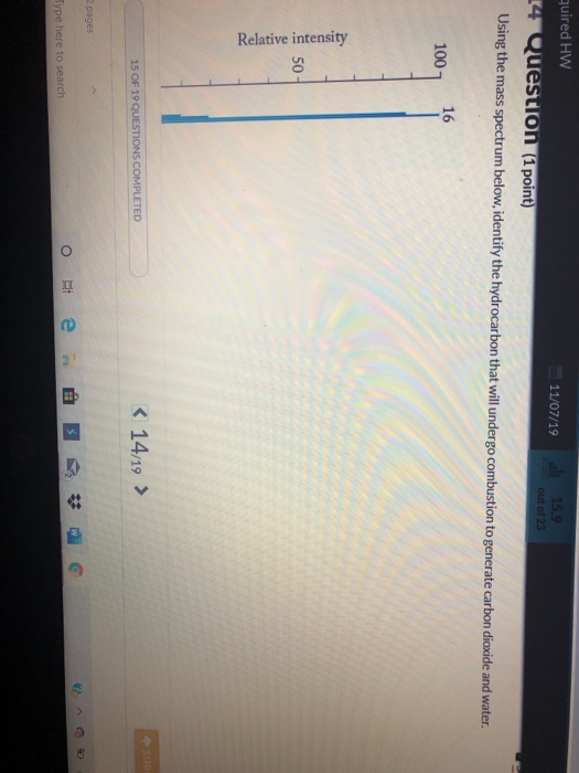 quired HW 11/07/19 le 15.9 out 4 Question (1 point) 23 Using the mass spectrum below, identify the hydrocarbon that will unde