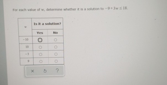 For each value of w, determine whether it is a solution to -9+3w $ 18. Is it a solution? w Yes No -10 10 olololo -3 9 X 5 ?