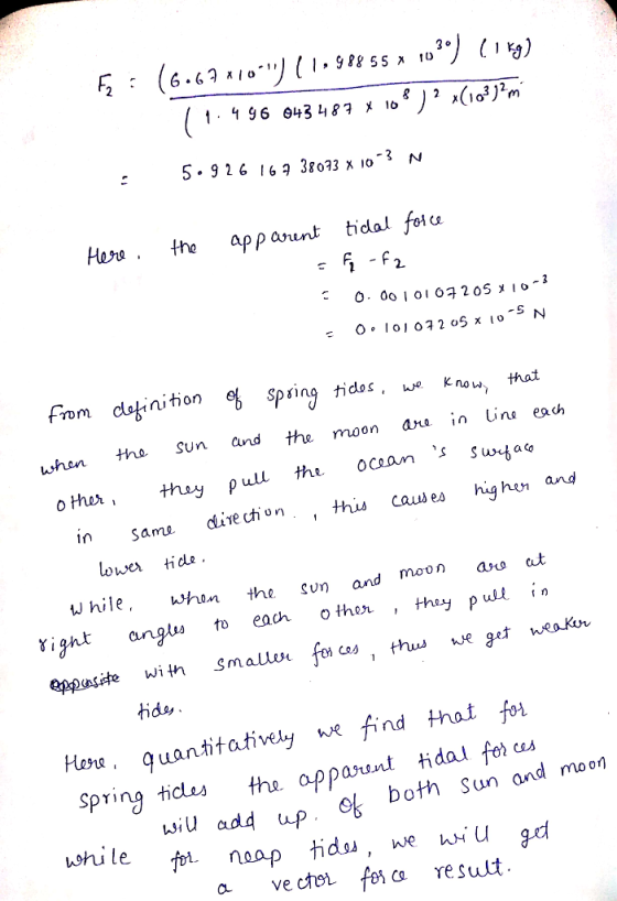 5.92 6 16a 3f023 x 10 N He. the Apparunt tidal fot a 2. -S From dotinition et spring tidos, u* Kothat when tha sun and the moon ara in U eah Sama dive cion , this causes highen and lower tide W hile whon the svn and Moon ao Xight anlu to eac other , thuy pu n ct eppnsite with Smallvr fo as , thus we gt weakor hdsy quantitatively w find that foi tidal fer u both sun and moon spring ticles the appau *iuadd up foi, いん!e noap a ve cter foica resuult