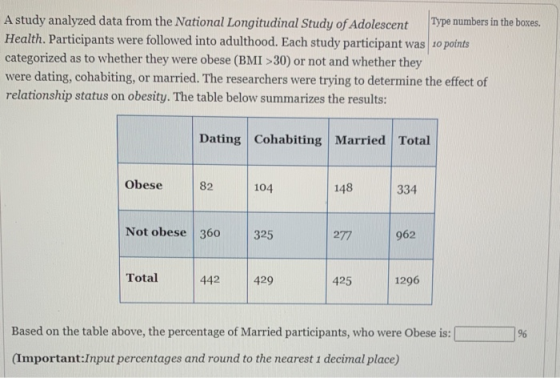 A study analyzed data from the National Longitudinal Study of Adolescent Type numbers in the boxes. Health. Participants were