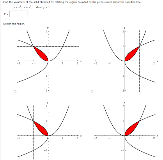 Find the volume V of the solid obtained by rotating the region bounded by the given curves about the specified line. y = x2,