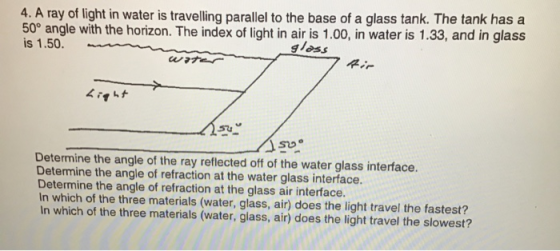 4. A ray of light in water is travelling parallel to the base of a glass tank. The tank has a 50° angle with the horizon. The