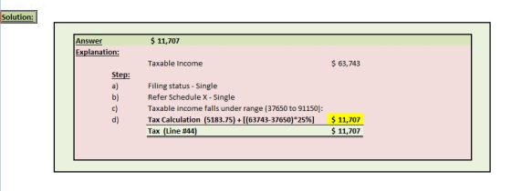 Solution: 11,707 Answer Taxable Income 63,743 Step: a) b) c) Taxable income falls under range (37650 to 91150): d) Filing sta