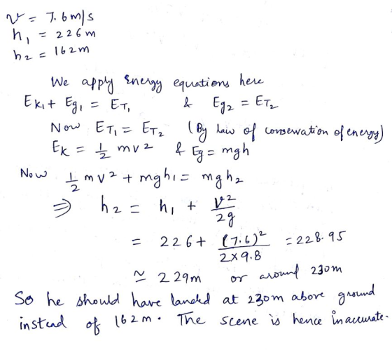 We uati ons here 2- 2 2. 226 (7. 228 1 2x9.8 , 9 23om So he shaud hae lansd at 230m abor a instud 162 m. The scene ㅨ hence inaccurate