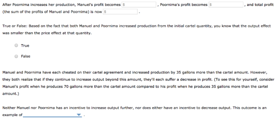 After Poornima increases her production, Manuels profit becomes $ , Poornimas profit becomes $ ,and total profit (the sum o