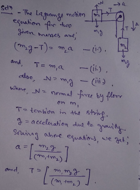 Sen - The Lagrans motion mit equation for two given masses are, (mg-T) ma (6) and, Tama - (ii) also, we mg - (ing. where Na n