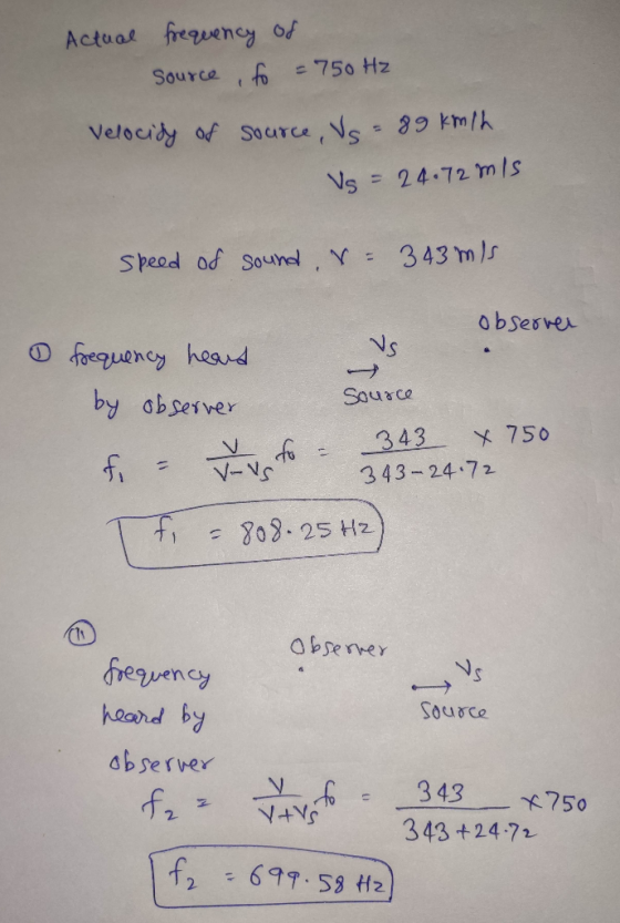 Actual frequency of Source , fo = 750 Hz Velocidy of source, Vs = 89 km/h Vs = 24.72 m/s speed of sound r= 343 m/s Source Obs
