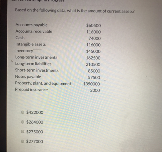 CUCHILALLEMPLIFIgless Based on the following data, what is the amount of current assets? Accounts payable Accounts receivable