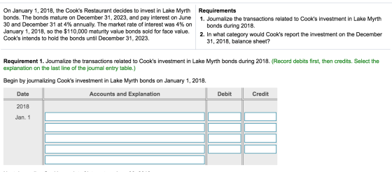 On January 1, 2018, the Cooks Restaurant decides to invest in Lake Myrth bonds. The bonds mature on December 31, 2023, and p