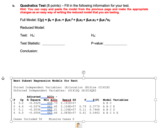 b. Quadratics Test (8 points) – Fill in the following information for your test. Hint: You can copy and paste the model from